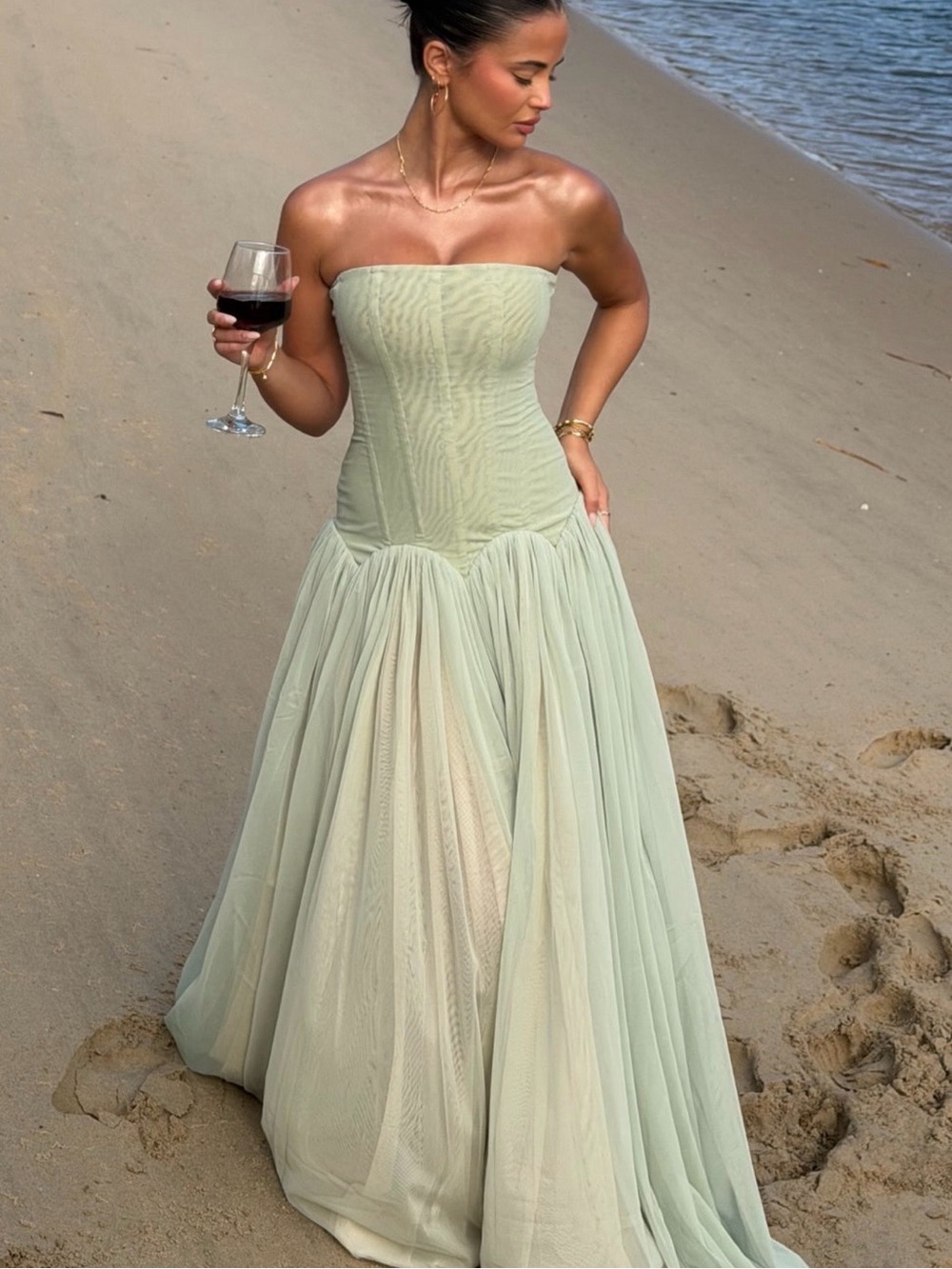 White Fox Green Strapless Tulle Maxi Dress Formal Gown, Polyester- Medium
